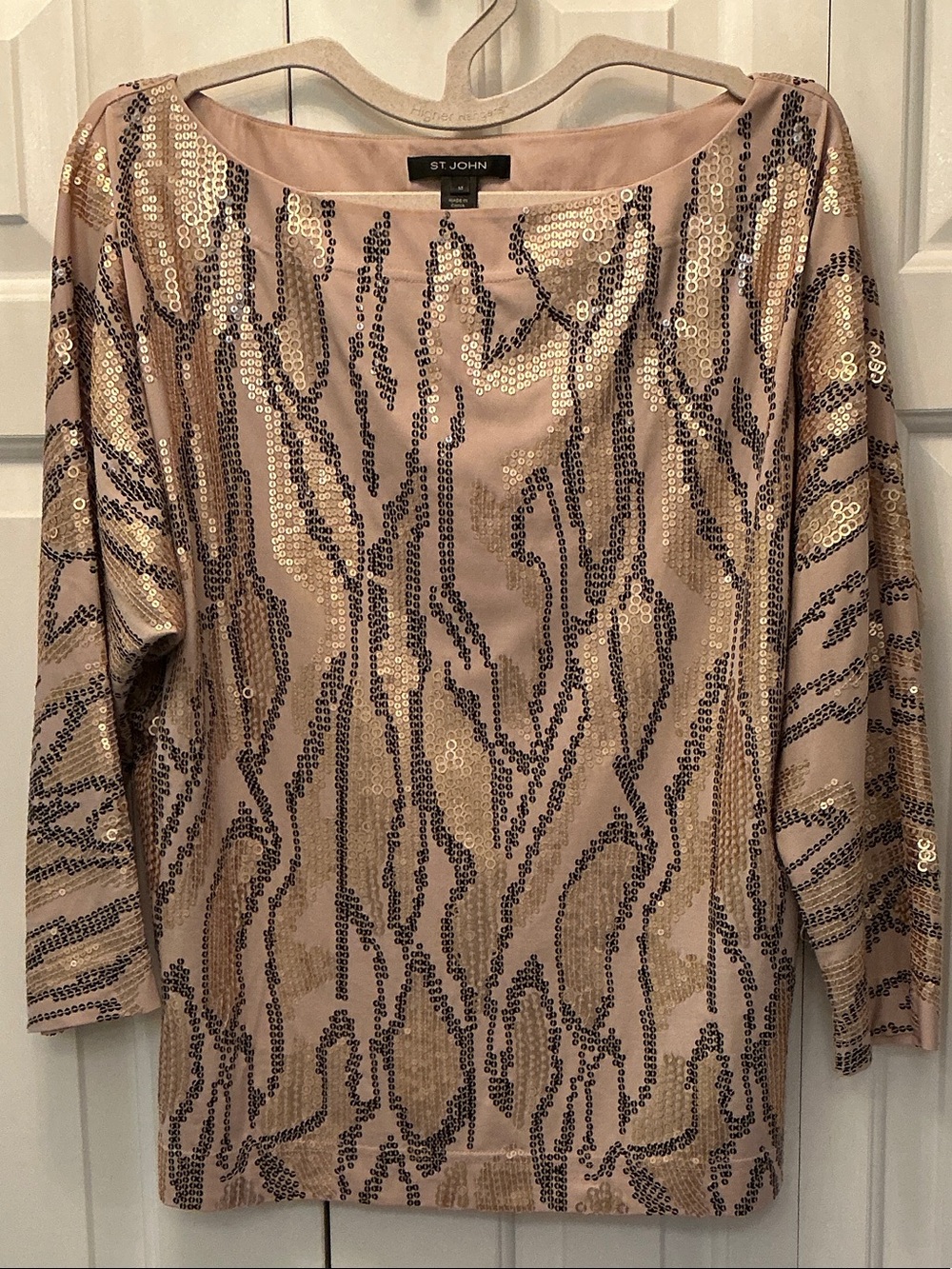 St. John Blush Pink Sequin Boatneck Long Sleeve Top